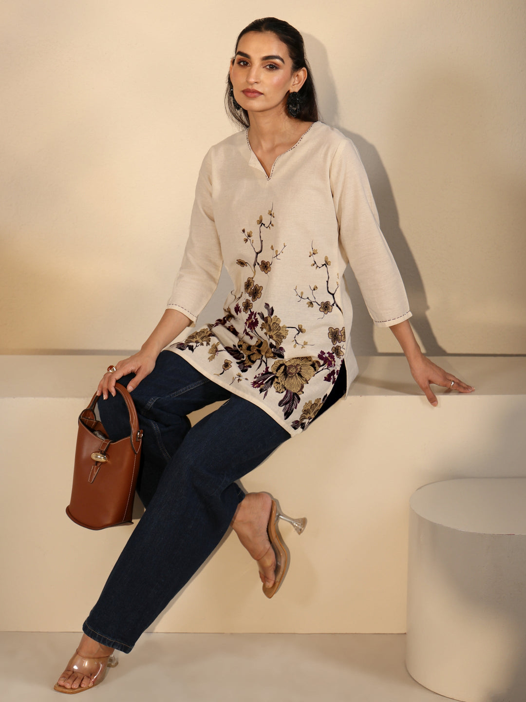 Libas Off White Floral Printed Cotton Blend Short Kurti