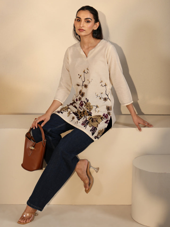 Libas Off White Floral Printed Cotton Blend Short Kurti