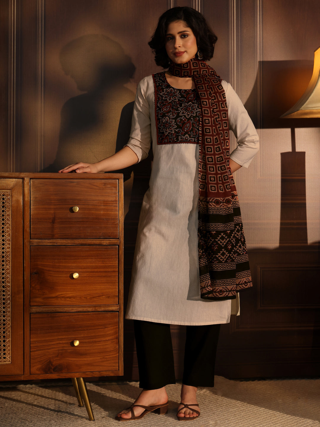 Libas Off White Floral Printed Cotton Blend Straight Suit Set