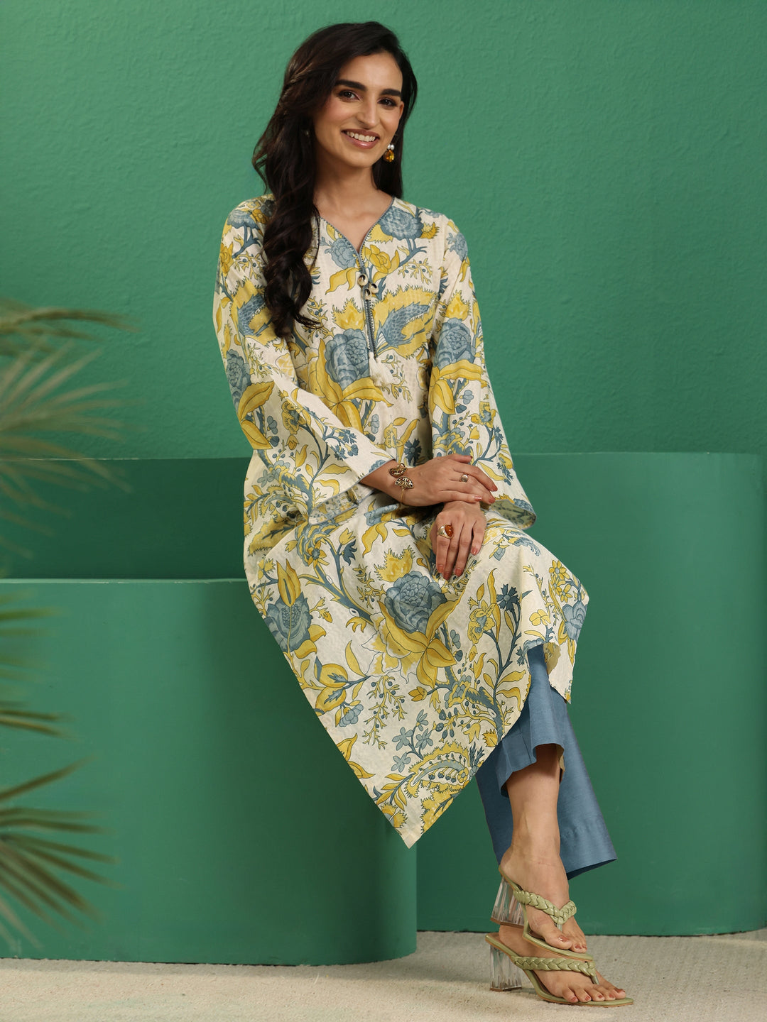 Libas Off White Floral Printed Cotton Straight Kurta