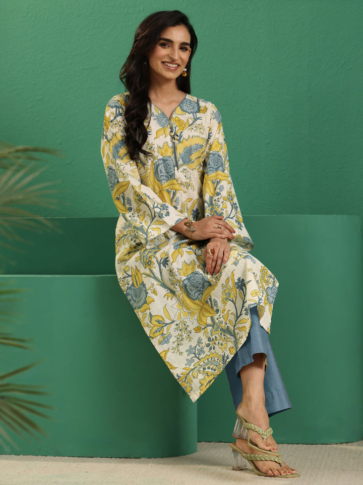 Libas Off White Floral Printed Cotton Straight Kurta