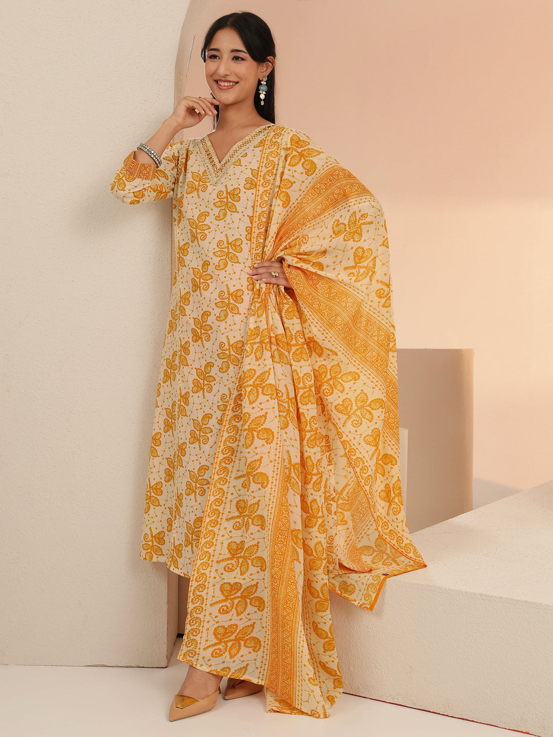 Libas Off White Floral Printed Cotton Straight Suit Set