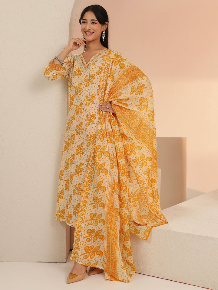 Libas Off White Floral Printed Cotton Straight Suit Set