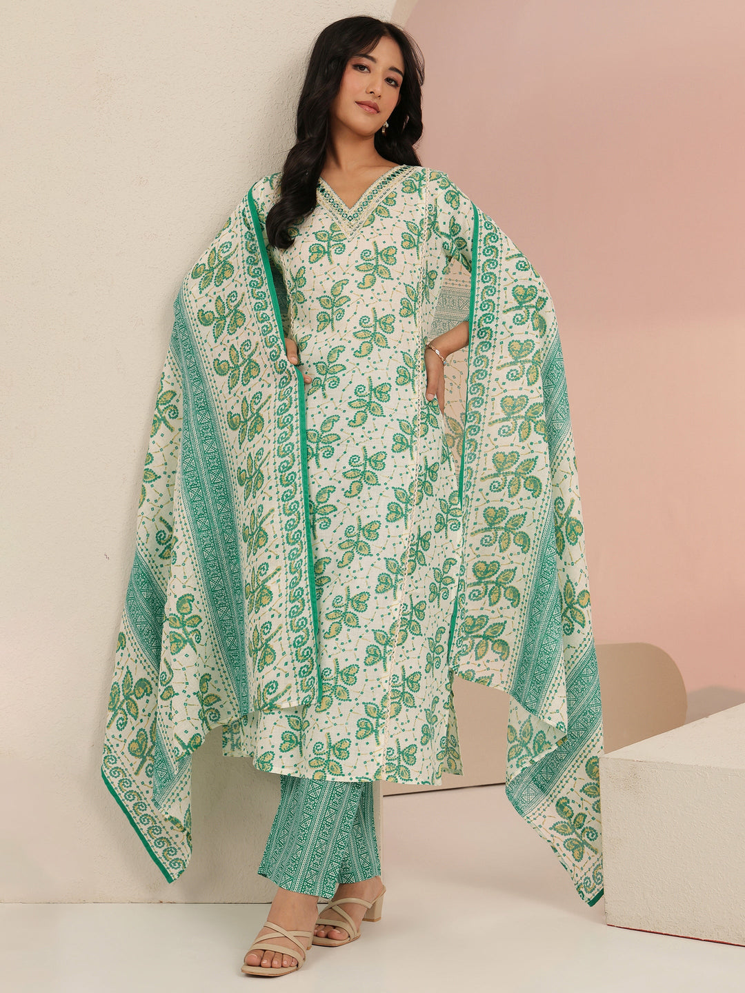 Libas Off White Floral Printed Cotton Straight Suit Set