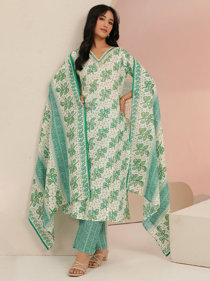 Libas Off White Floral Printed Cotton Straight Suit Set