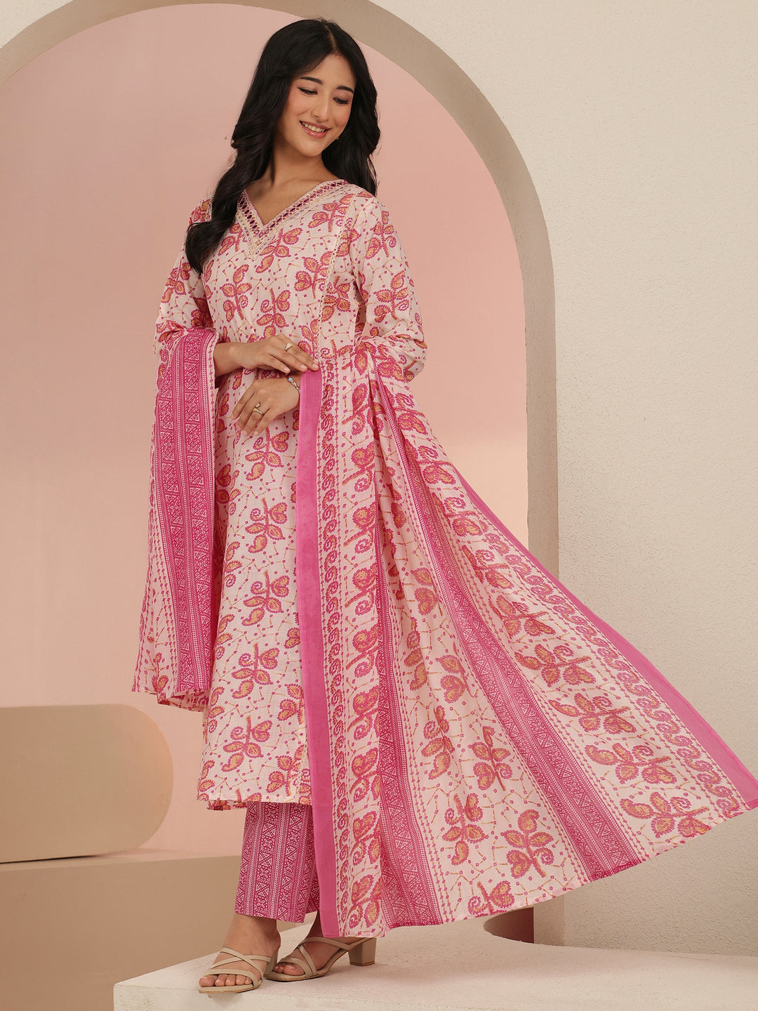 Libas Off White Floral Printed Cotton Straight Suit Set