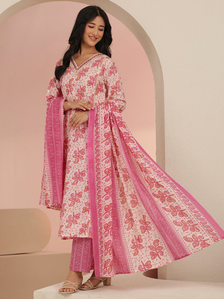 Libas Off White Floral Printed Cotton Straight Suit Set