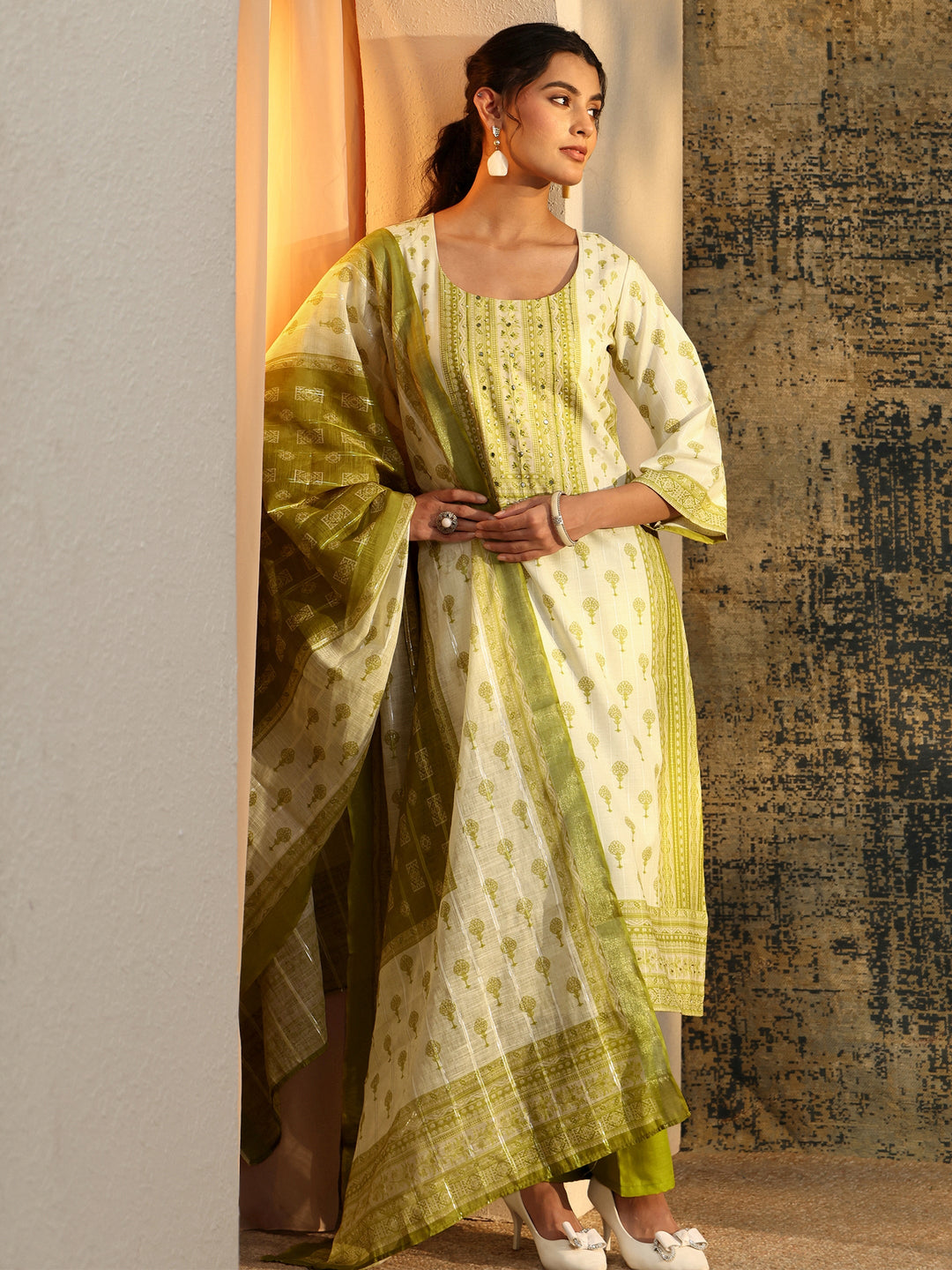 Libas Off White Floral Printed Linen Straight Suit Set