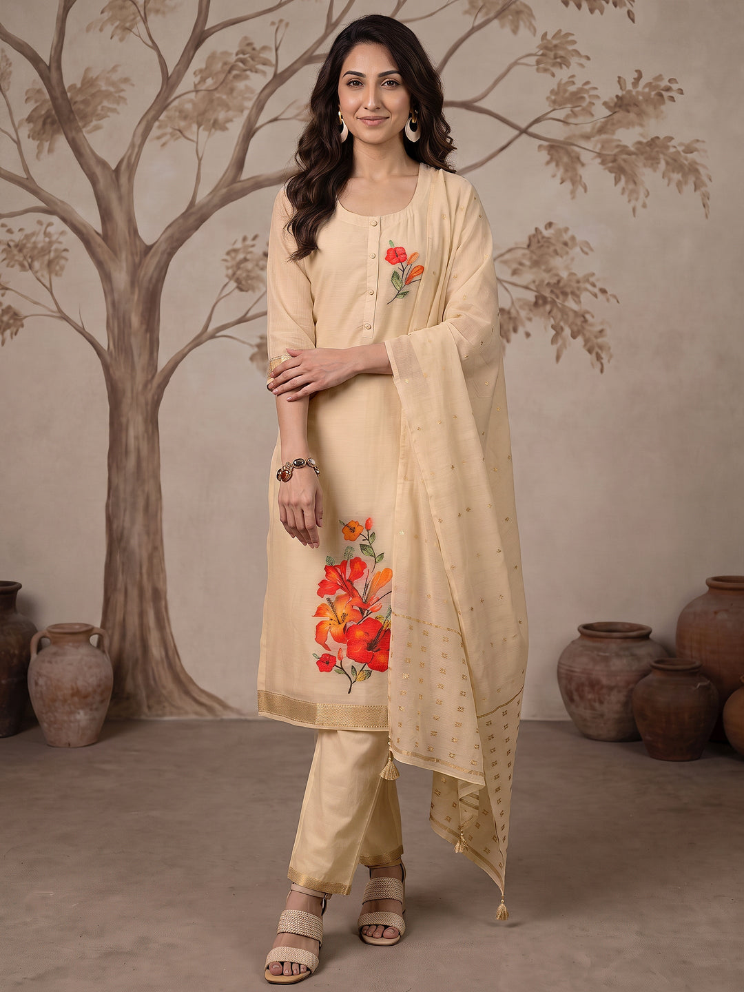 Libas Off White Floral Woven Design Cotton Straight Suit Set