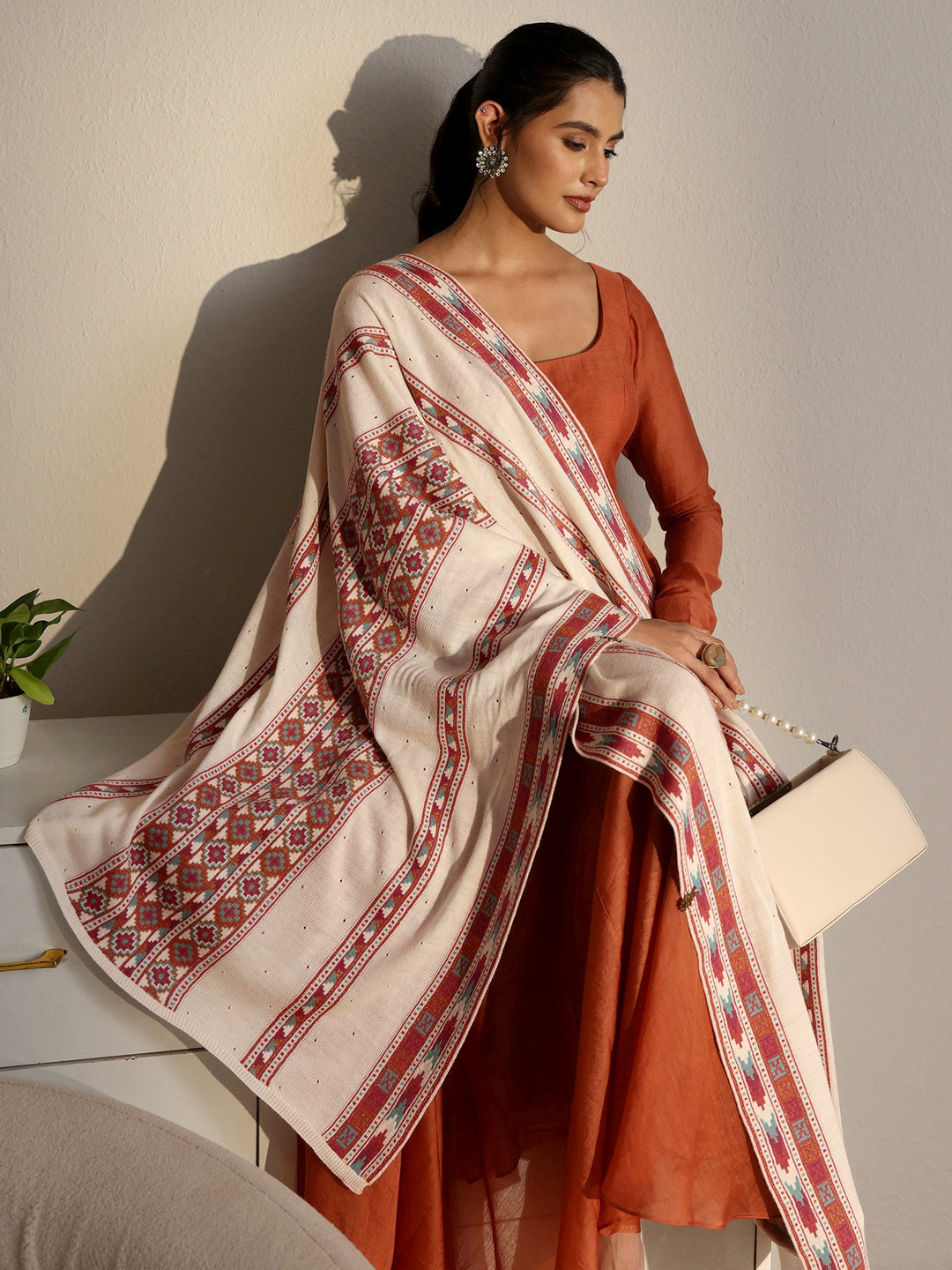 Libas Off White Geometric Knitted Acrylic Wrap Shawl