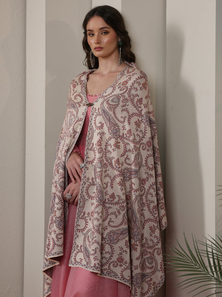 Libas Off White Paisley Knitted Acrylic Wrap Shawl
