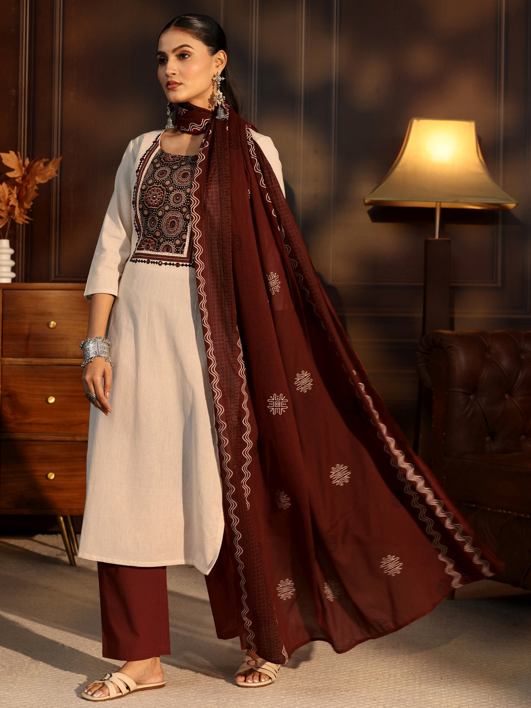 Libas Off White Printed Cotton Blend Straight Suit Set