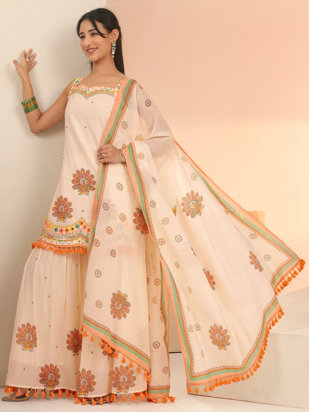 Libas Off White Printed Cotton Sharara Suit Set with Tassel Details