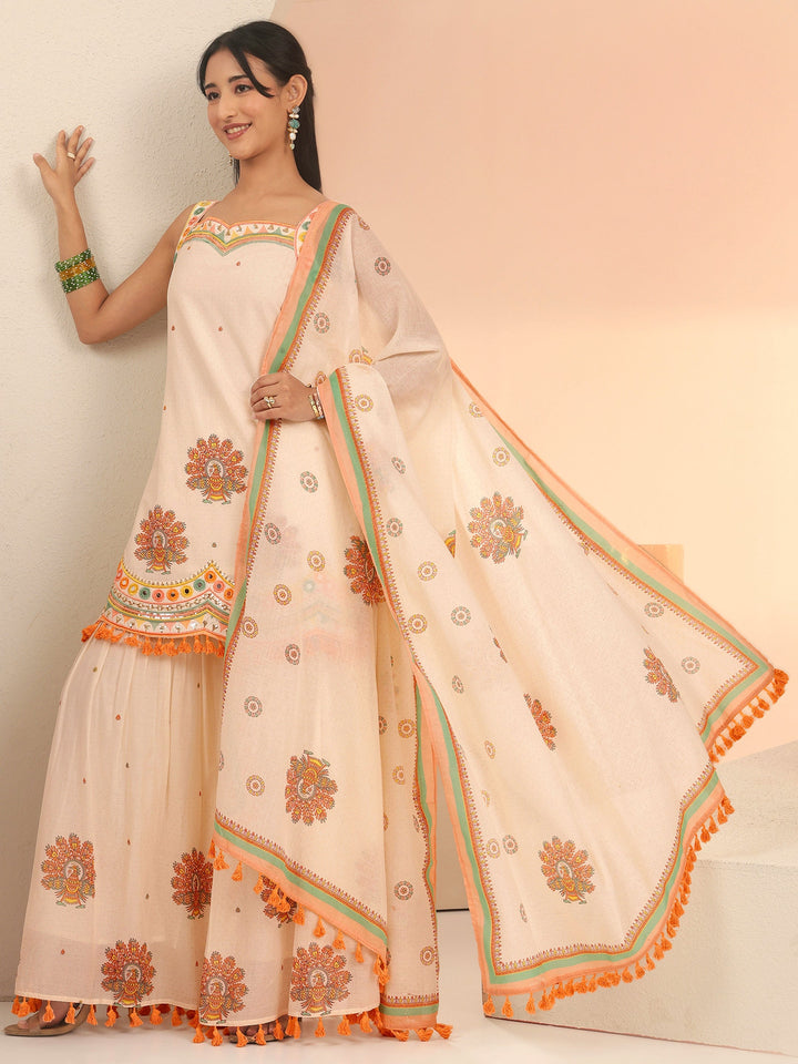 Libas Off White Printed Cotton Sharara Suit Set with Tassel Details