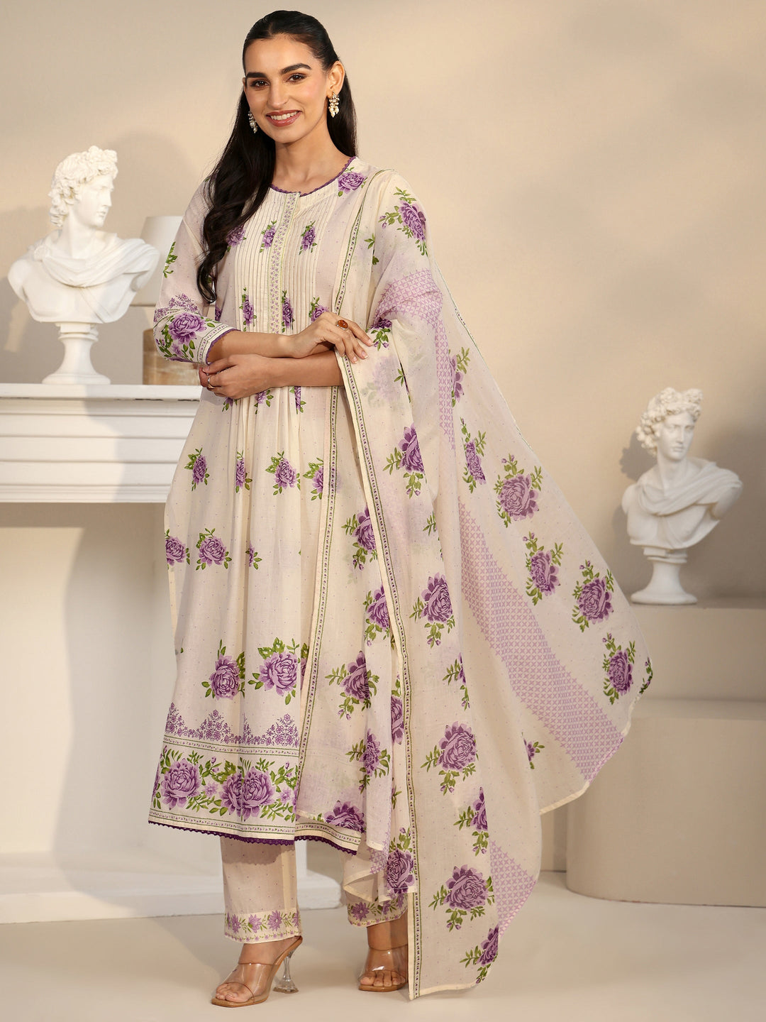 Libas Off White Rose Print Cotton Straight Suit Set