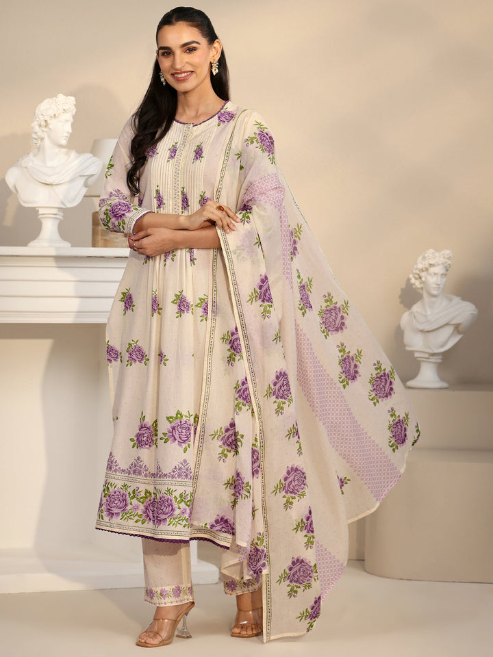 Libas Off White Rose Print Cotton Straight Suit Set