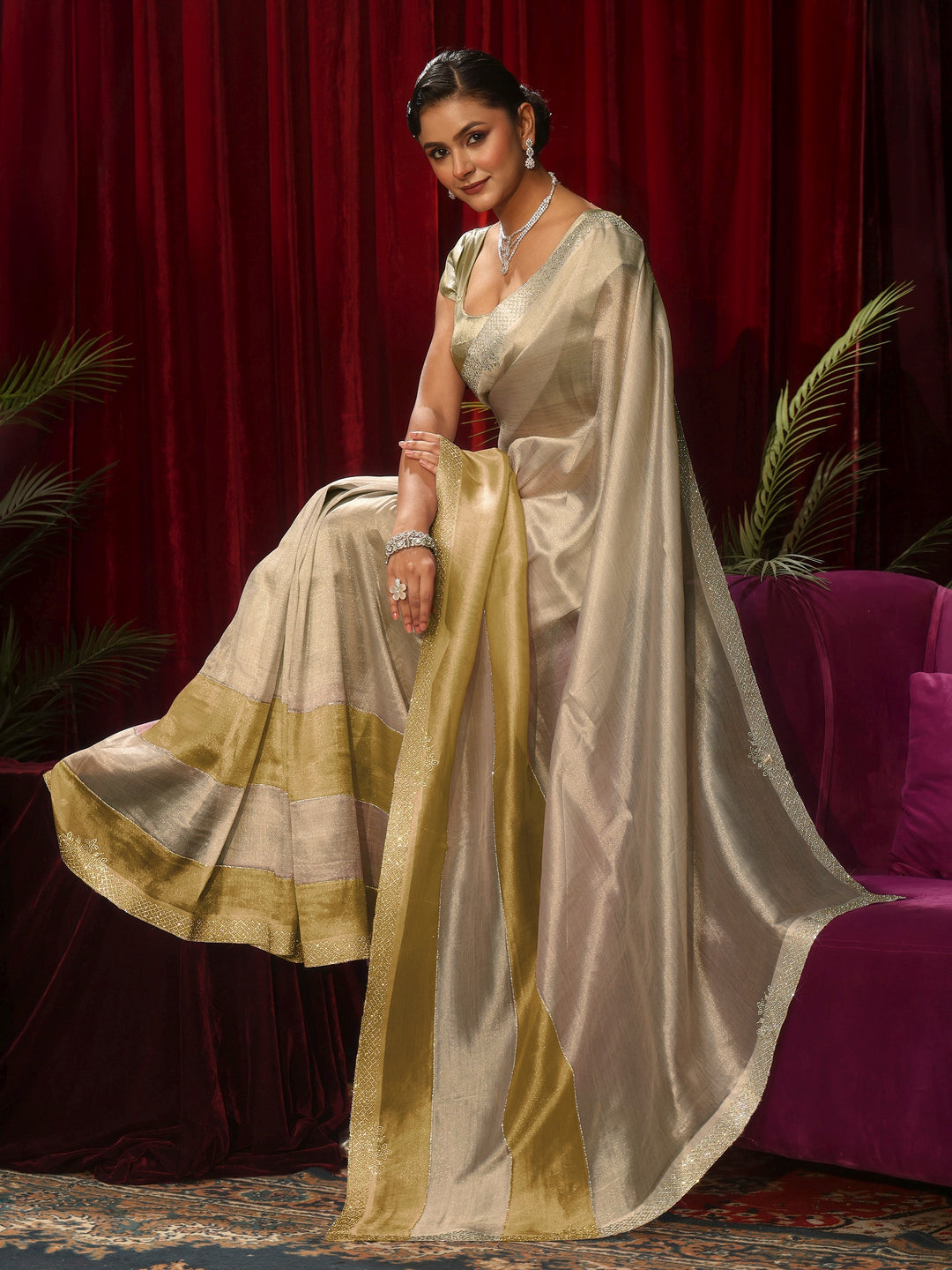 Libas Off White Stone Work Tissue Saree