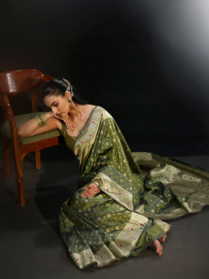 Libas Olive Green Banarasi Silk Blend Saree