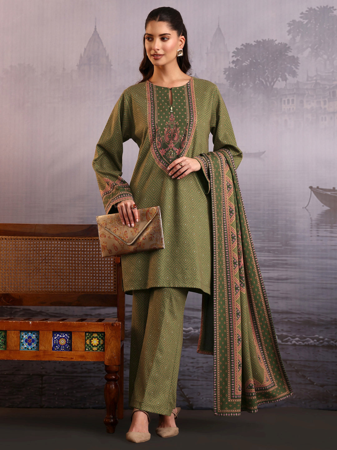 Libas Olive Green Bandhani Printed Woolen Straight Suit Set