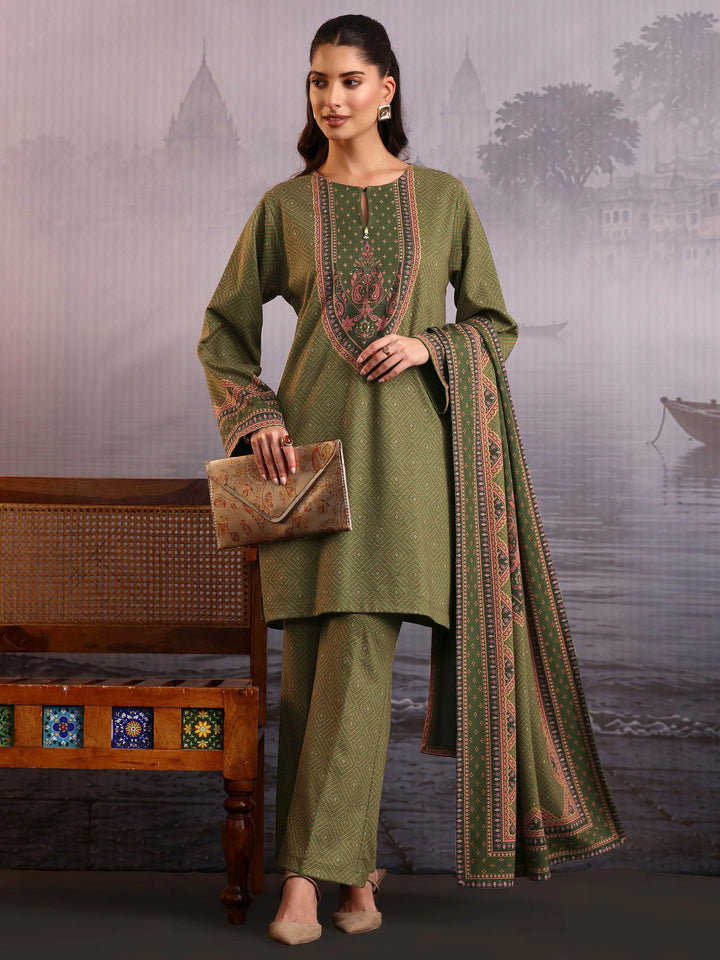 Libas Olive Green Bandhani Printed Woolen Straight Suit Set