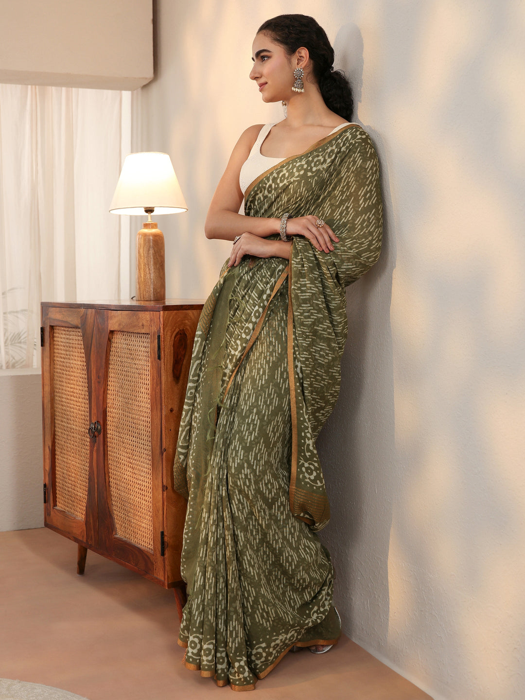 Libas Olive Green Batik Printed Cotton Saree
