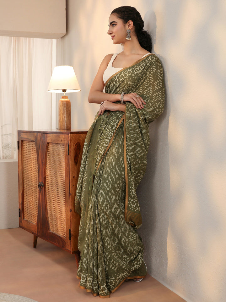 Libas Olive Green Batik Printed Cotton Saree