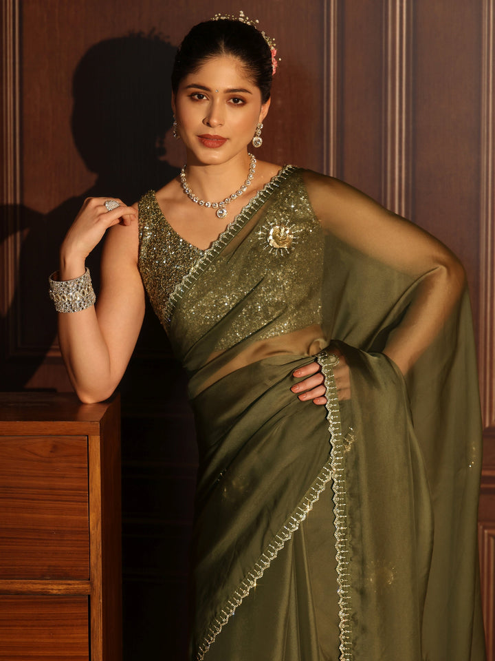 Libas Olive Green Embellished Organza Saree with Applique Design