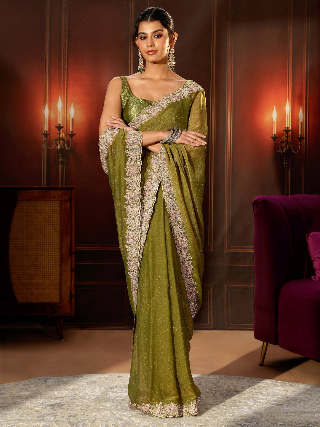 Libas Olive Green Embellished Tissue Saree with Floral Border