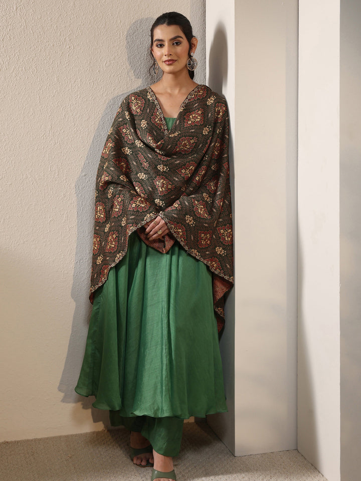 Libas Olive Green Ethnic Knitted Acrylic Wrap Shawl