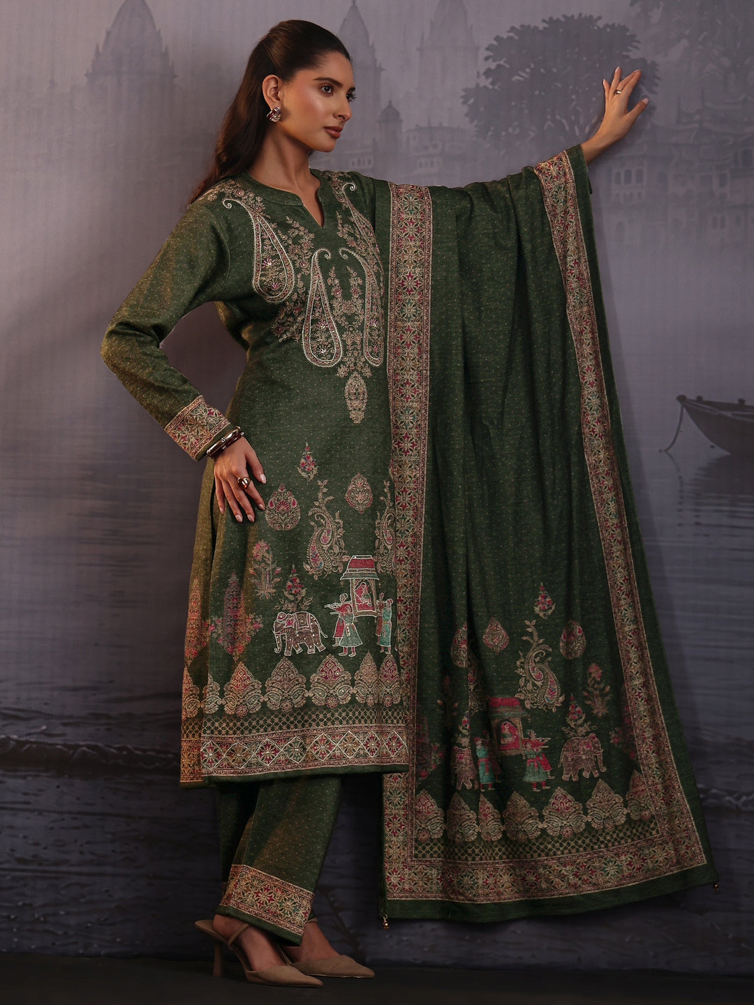 Libas Olive Green Ethnic Printed Woolen Straight Suit Set