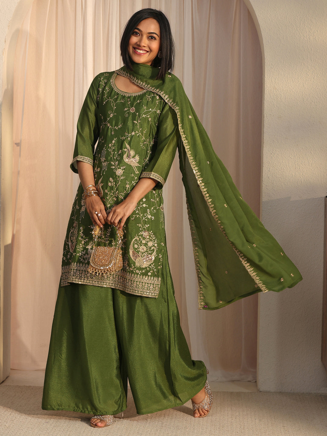 Libas Olive Green Floral Embellished Chinon Palazzo Suit Set