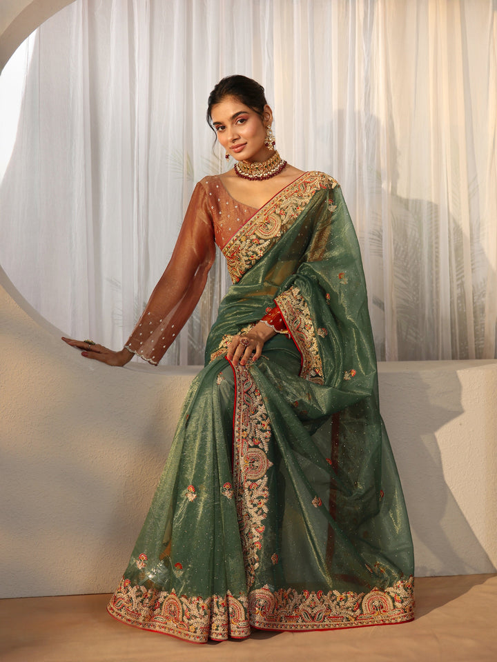 Libas Olive Green Floral Embroidered Net Saree