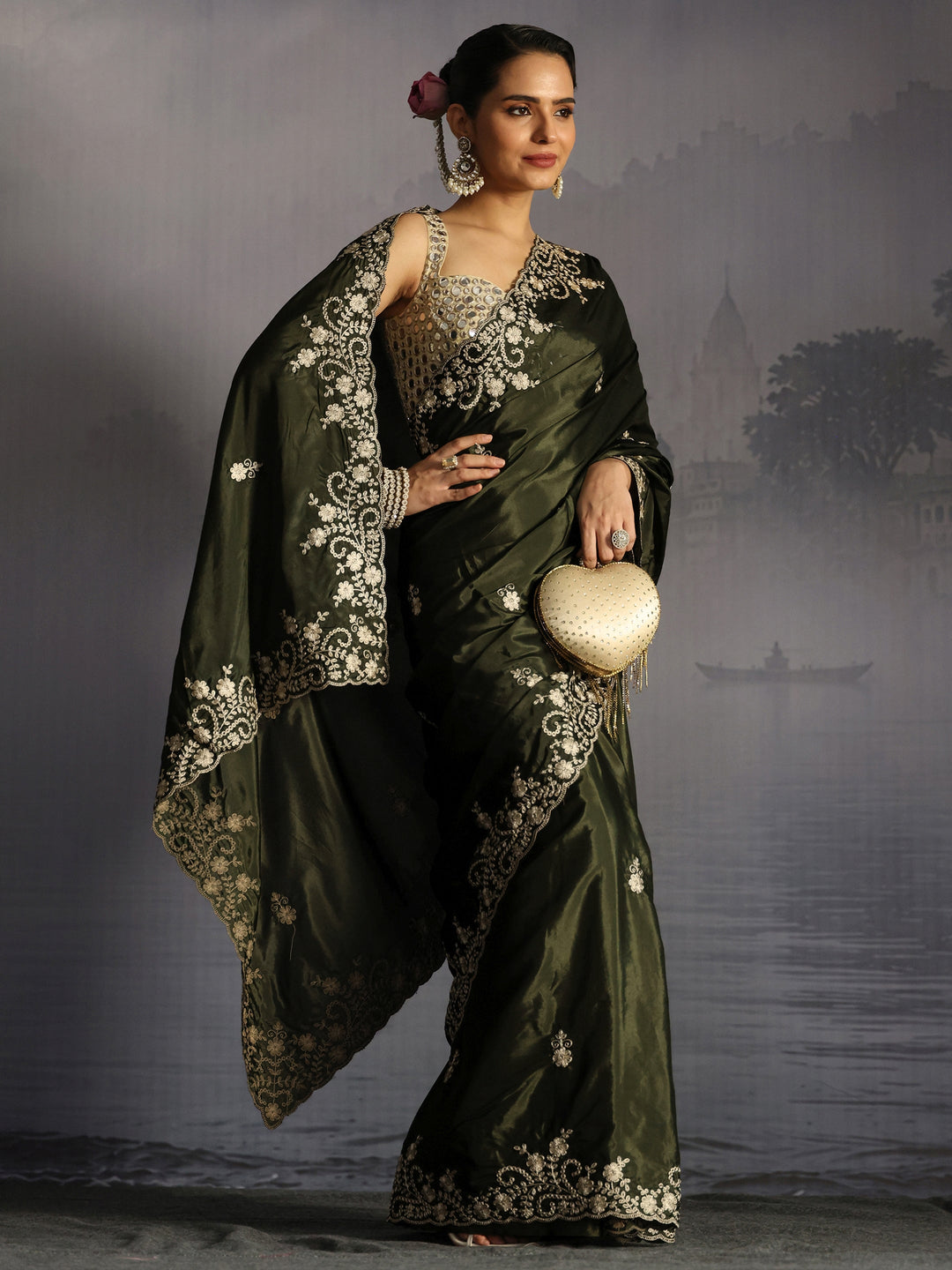 Libas Olive Green Floral Embroidered Satin Saree with Scalloped Border
