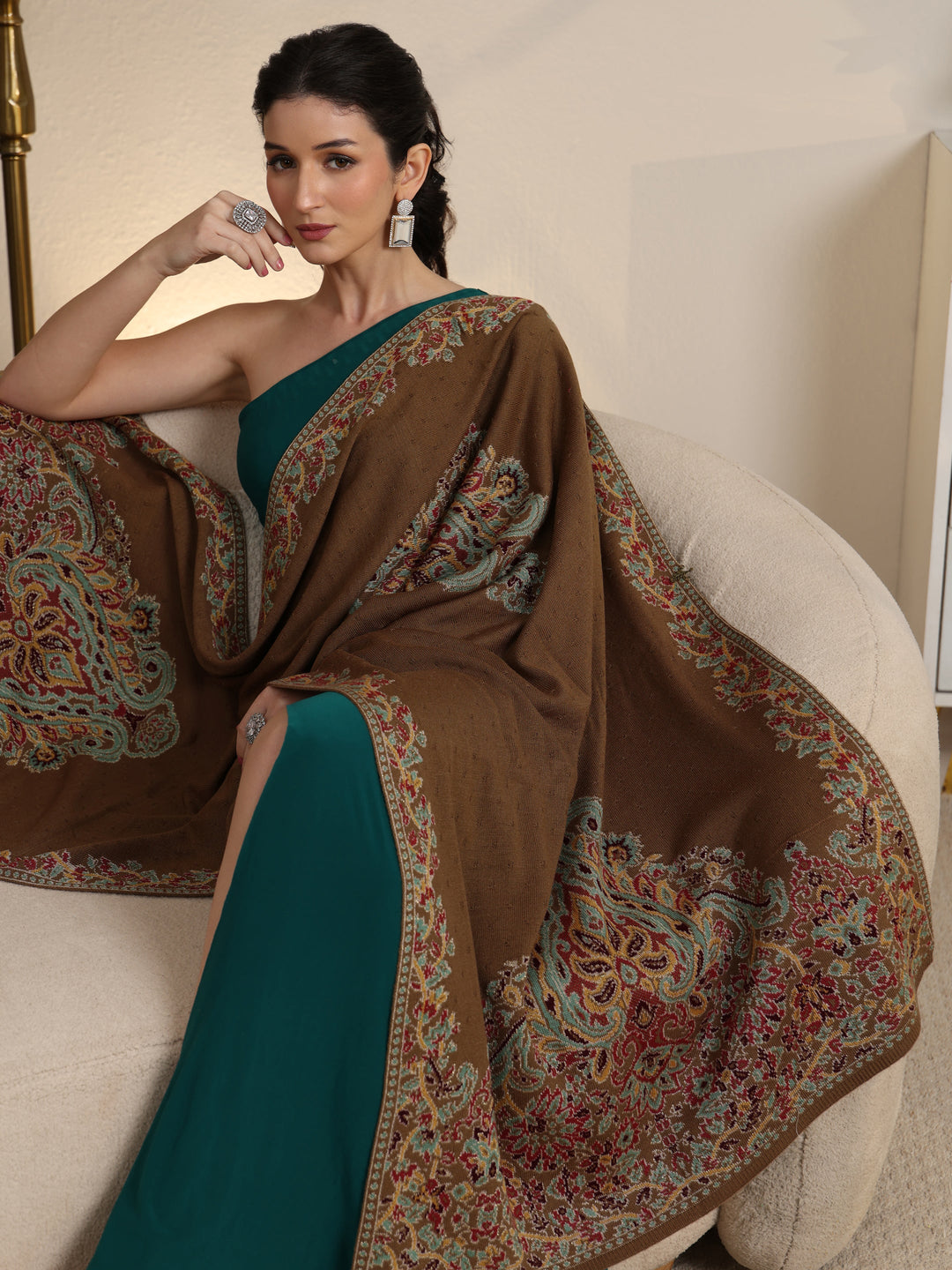 Libas Olive Green Floral Knitted Acrylic Wrap Shawl