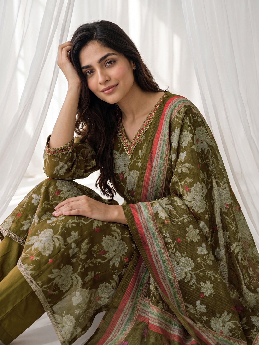 Libas Olive Green Floral Printed Chiffon Anarkali Suit Set