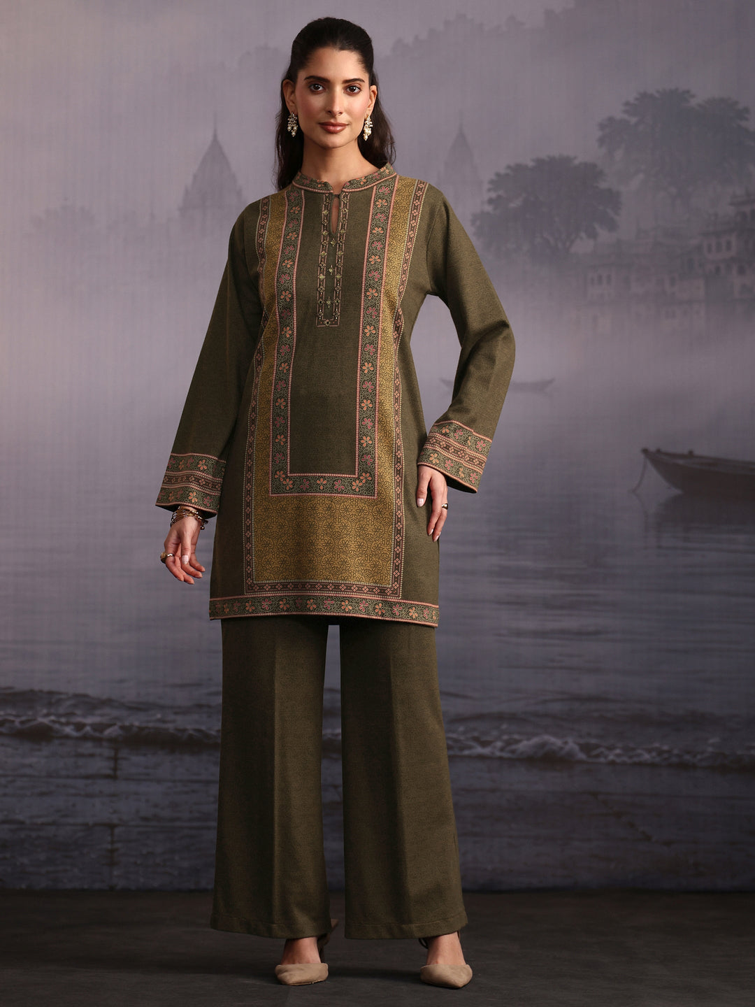 Libas Olive Green Floral Printed Woolen Co-Ord Set