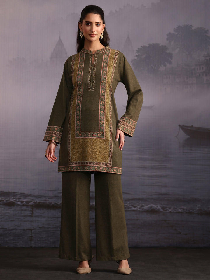 Libas Olive Green Floral Printed Woolen Co-Ord Set