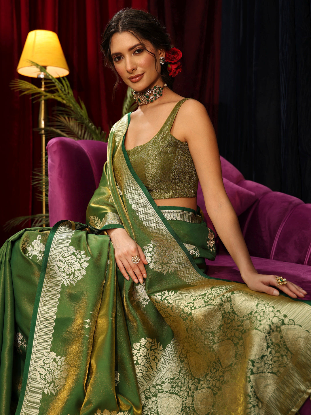 Libas Olive Green Floral Woven Design Satin Saree