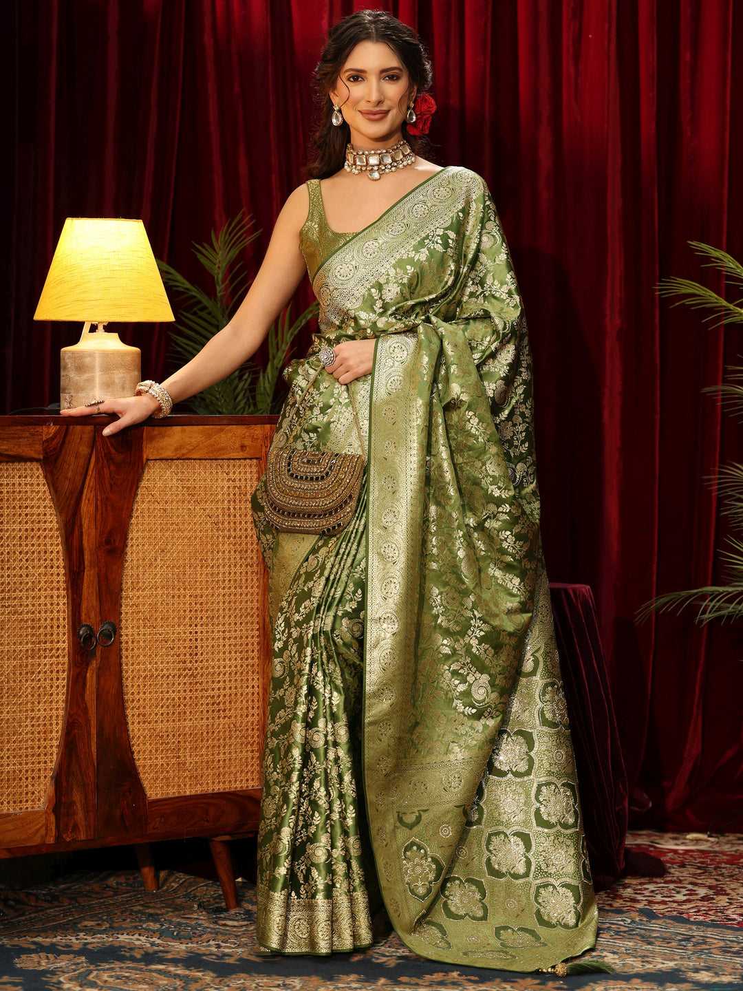 Libas Olive Green Floral Woven Design Silk Blend Saree
