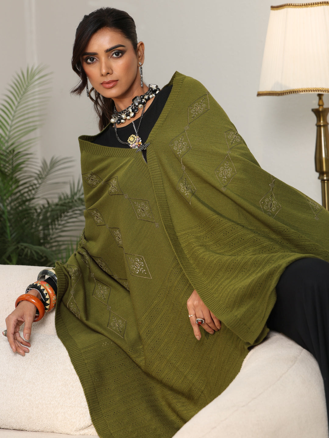 Libas Olive Green Knitted Acrylic Wrap Shawl
