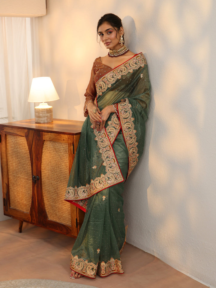 Libas Olive Green Net Saree with Embellished Paisley Border