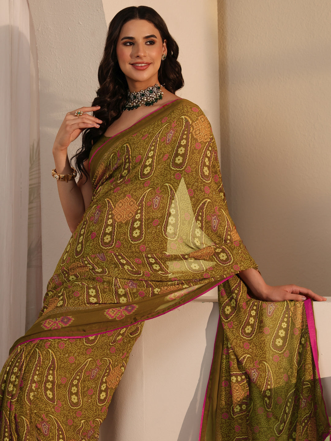 Libas Olive Green Paisley Printed Georgette Saree