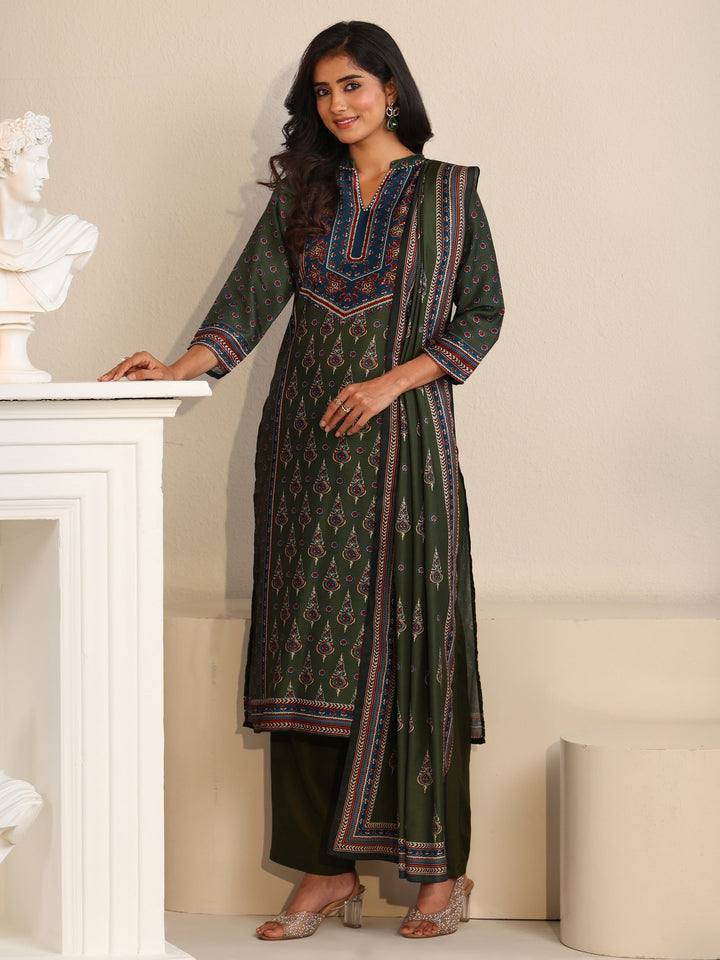 Libas Olive Green Printed Muslin Straight Suit Set