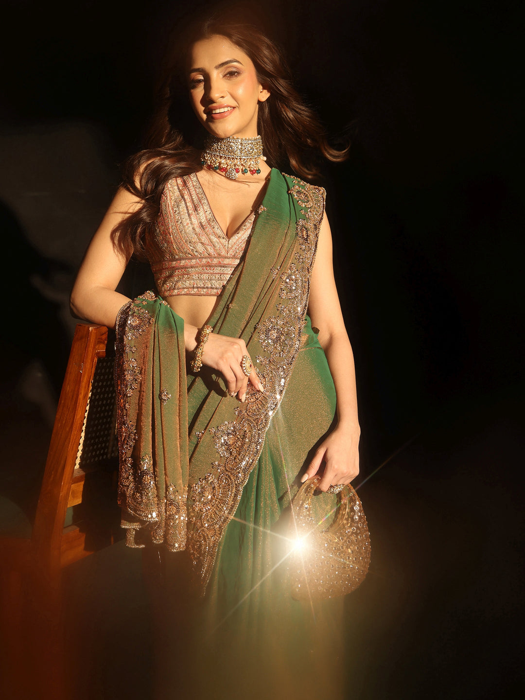 Libas Olive Green Sequined Tissue Saree