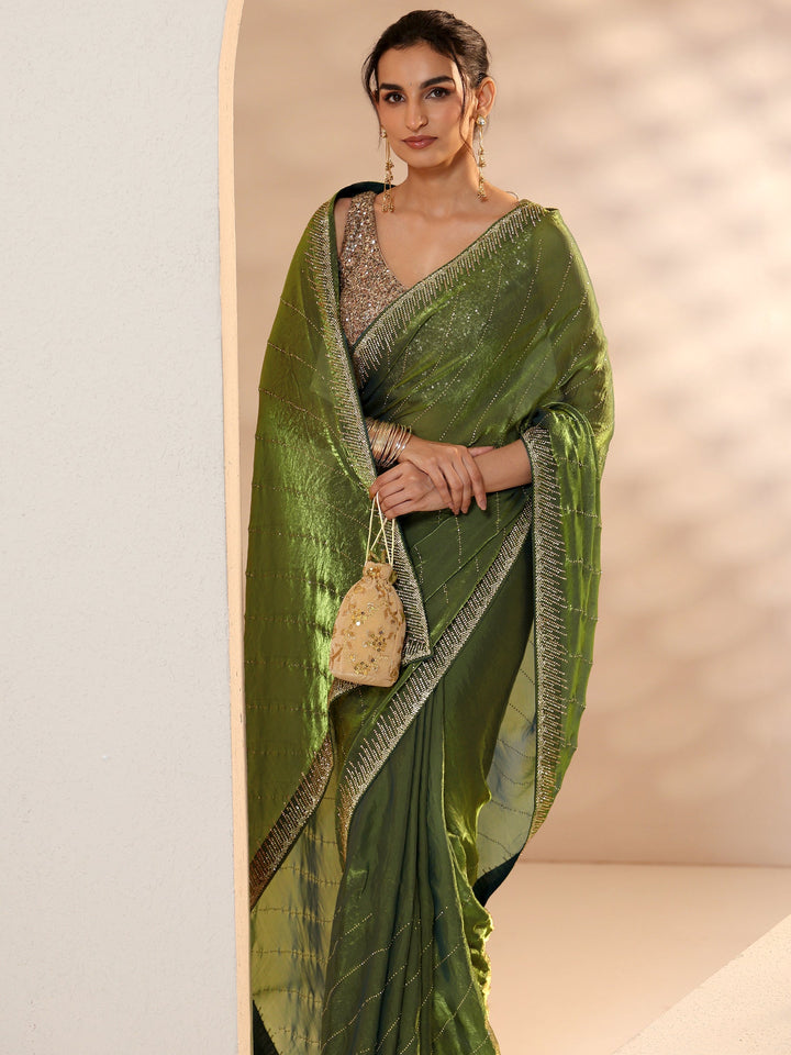 Libas Olive Green Stone Work Striped Embellished Tissue Saree
