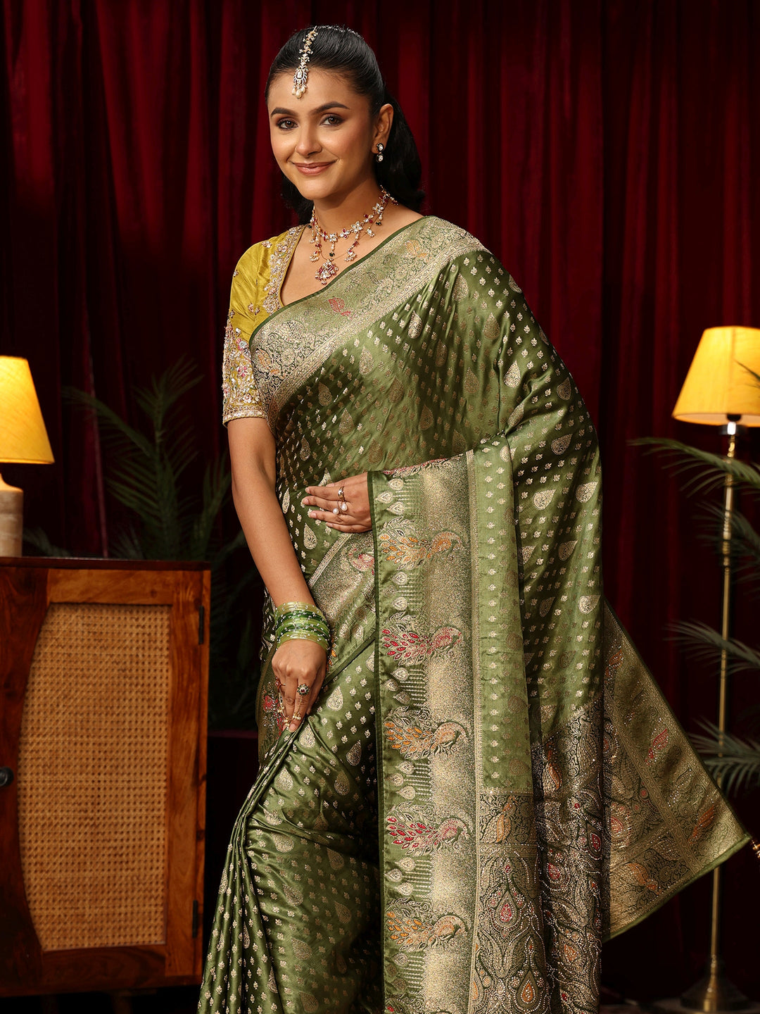 Libas Olive Green Woven Design Silk Blend Saree with Stone Work