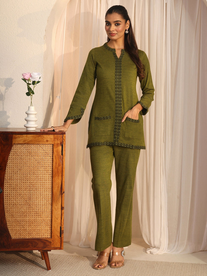 Libas Olive Green Woven Design Woolen Co-Ord Set