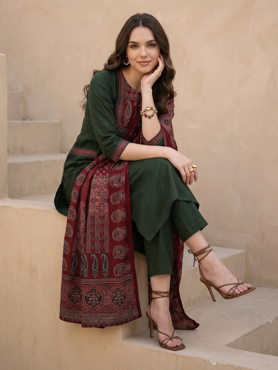 Libas Olive Green Yoke Design Ajrakh Cotton Straight Suit Set