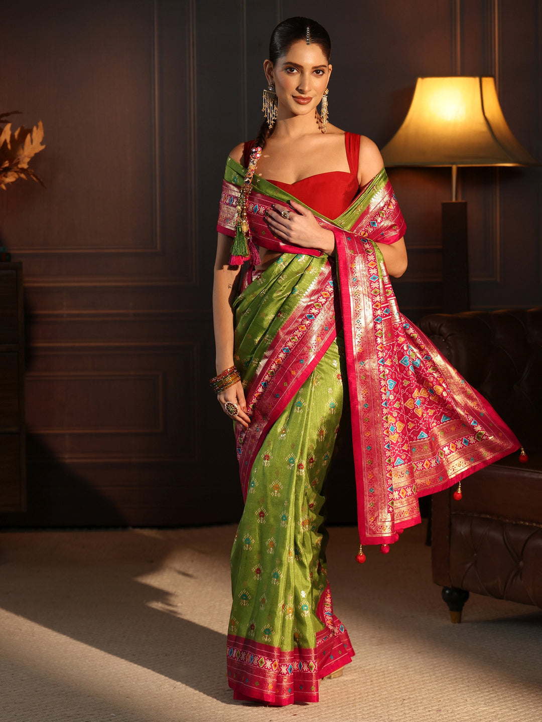 Libas Olive Green and Pink Ethnic Printed Silk Blend Saree