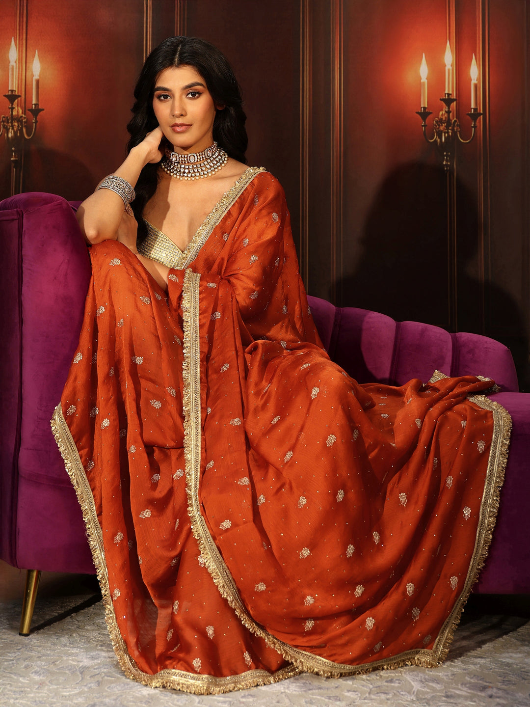 Libas Orange Embellished Chinon Saree with Gota Border